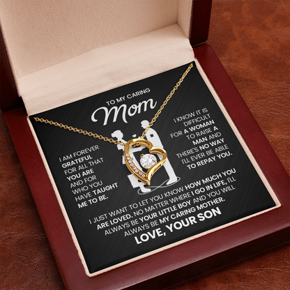 To My Caring Mom Necklace from Son – Mother & Son Heart Pendant Gift | I Love You Forever Jewelry