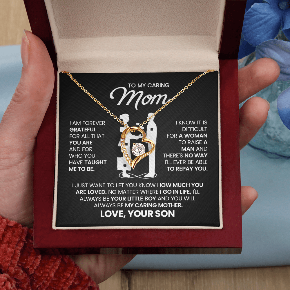 To My Caring Mom Necklace from Son – Mother & Son Heart Pendant Gift | I Love You Forever Jewelry