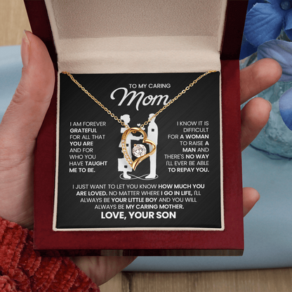 To My Caring Mom Necklace from Son – Mother & Son Heart Pendant Gift | I Love You Forever Jewelry
