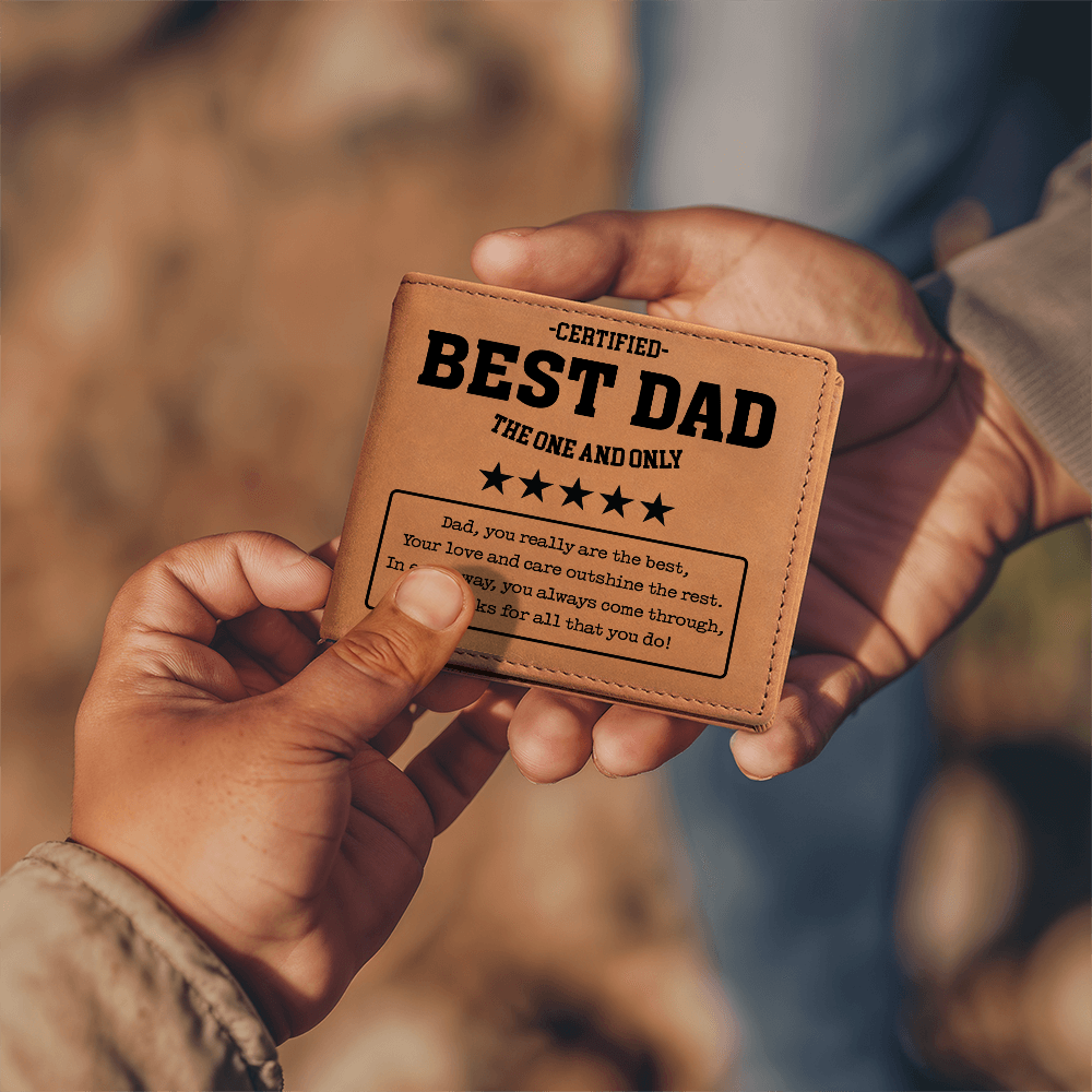Hands holding certified best dad leather wallet gift