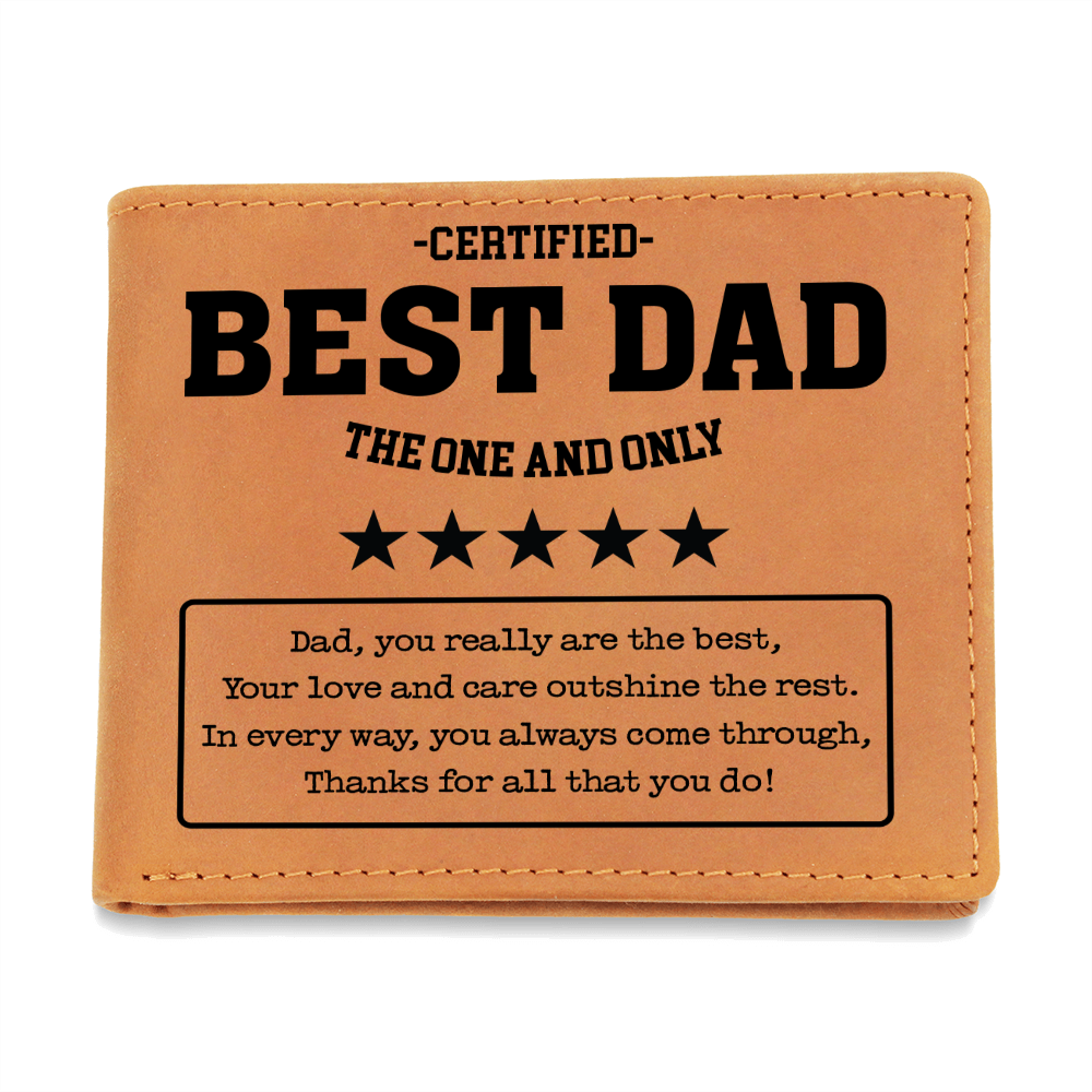 Tan leather wallet with "Certified Best Dad The One and Only" engraving