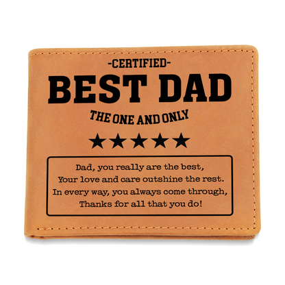 Tan leather wallet with "Certified Best Dad The One and Only" engraving