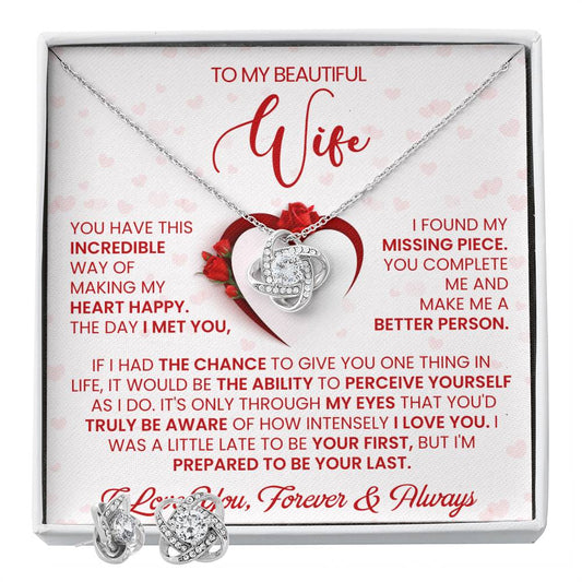 Love Knot Necklace Earring Set, To My Beautiful Wife, I Love You, Valentine's Day - YERTIZZ.COM