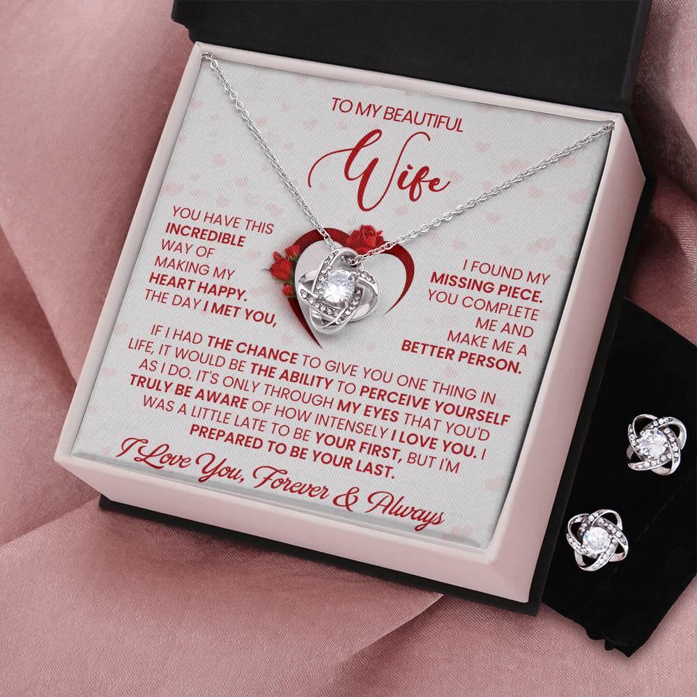 Love Knot Necklace Earring Set, To My Beautiful Wife, I Love You, Valentine's Day - YERTIZZ.COM
