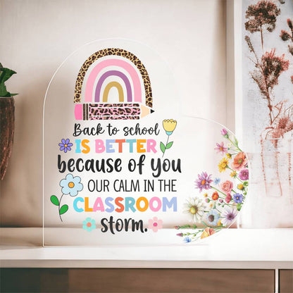 Personalized Classroom Heart Plaque – Colorful Floral Acrylic Teacher Gift