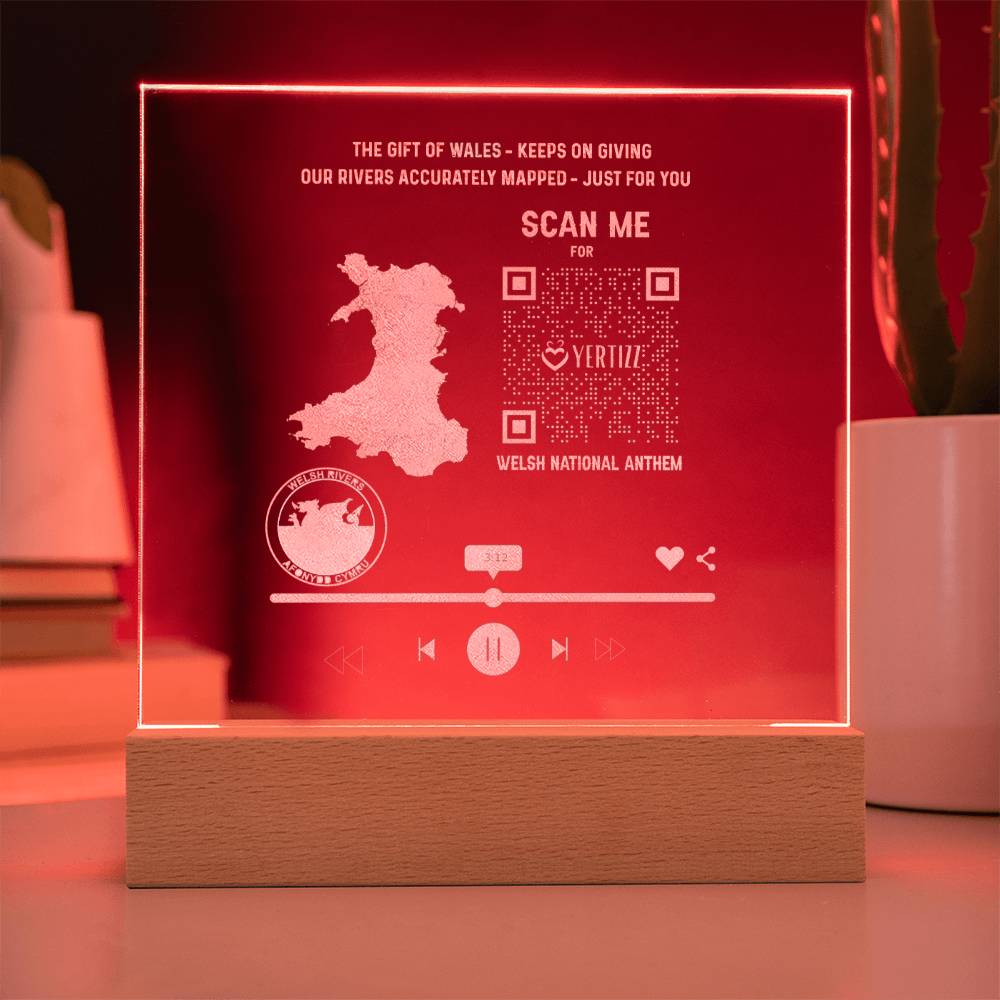 Engraved Acrylic LED Plaque, Welsh River Map, QR, Welsh National Anthem - YERTIZZ.COM