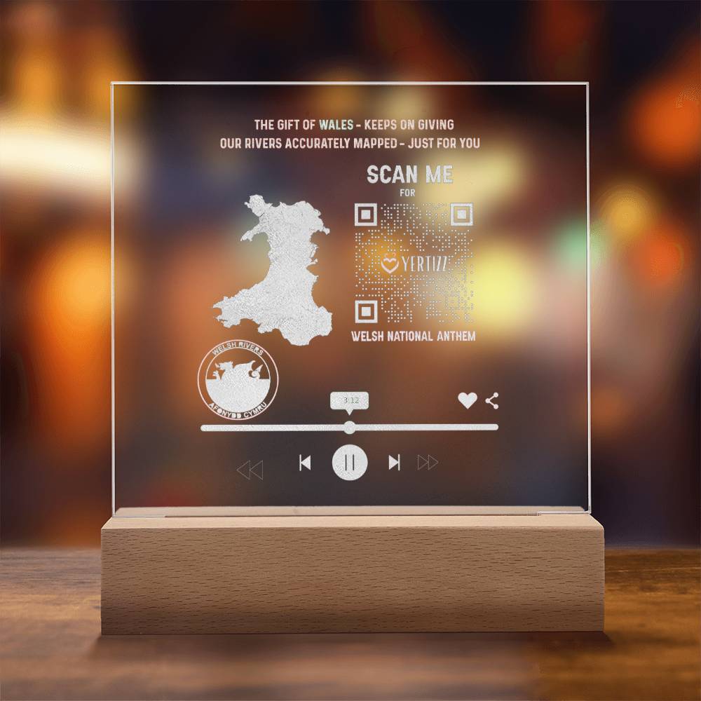 Engraved Acrylic LED Plaque, Welsh River Map, QR, Welsh National Anthem - YERTIZZ.COM