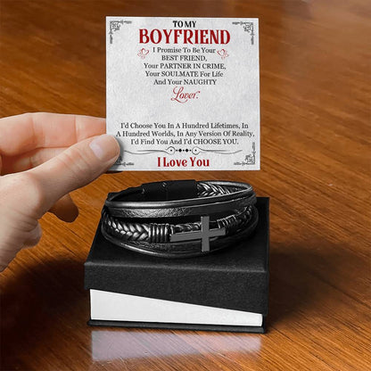 Men's Cross Leather Bracelet, To My Boyfriend, I Love You, Valentine's Day - YERTIZZ.COM
