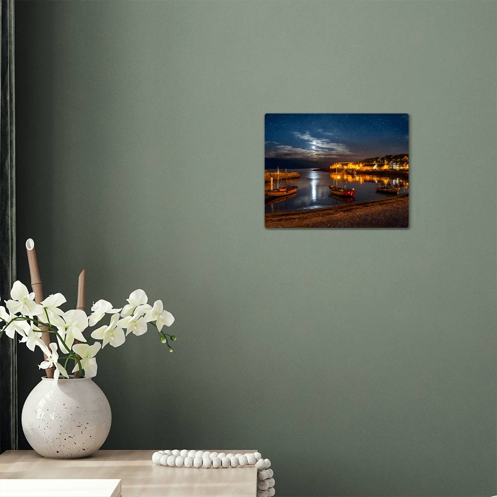 Moonlit Small Harbor-Shore and Boats-5:4 Hi-Gloss metal Art print - YERTIZZ.COM