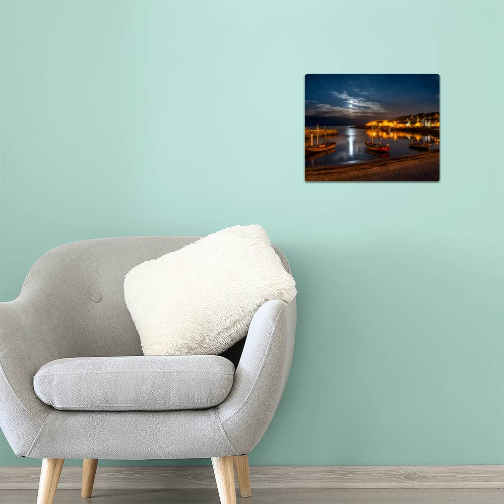 Moonlit Small Harbor-Shore and Boats-5:4 Hi-Gloss metal Art print - YERTIZZ.COM