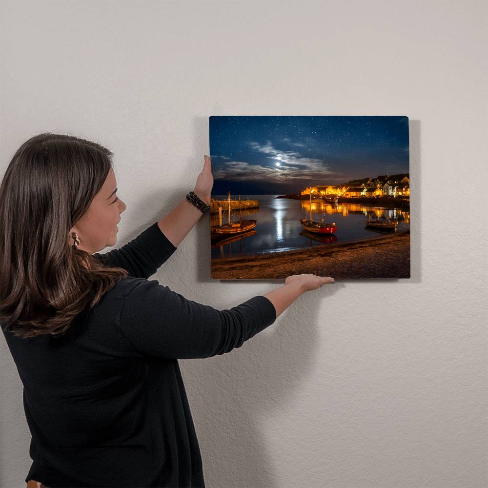 Moonlit Small Harbor-Shore and Boats-5:4 Hi-Gloss metal Art print - YERTIZZ.COM
