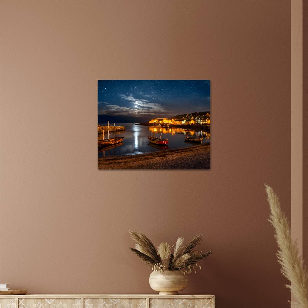 Moonlit Small Harbor-Shore and Boats-5:4 Hi-Gloss metal Art print - YERTIZZ.COM