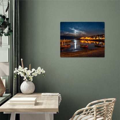 Moonlit Small Harbor-Shore and Boats-5:4 Hi-Gloss metal Art print - YERTIZZ.COM