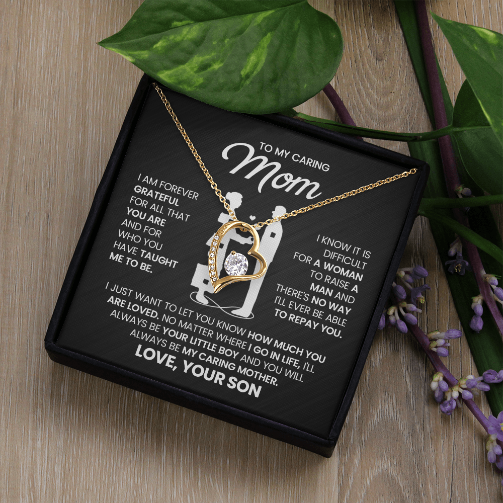 To My Caring Mom Necklace from Son – Mother & Son Heart Pendant Gift | I Love You Forever Jewelry