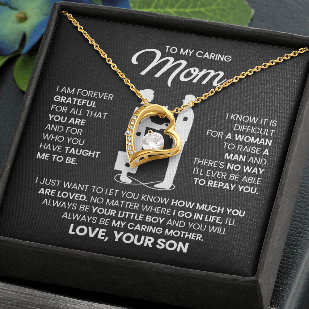 To My Caring Mom Necklace from Son – Mother & Son Heart Pendant Gift | I Love You Forever Jewelry
