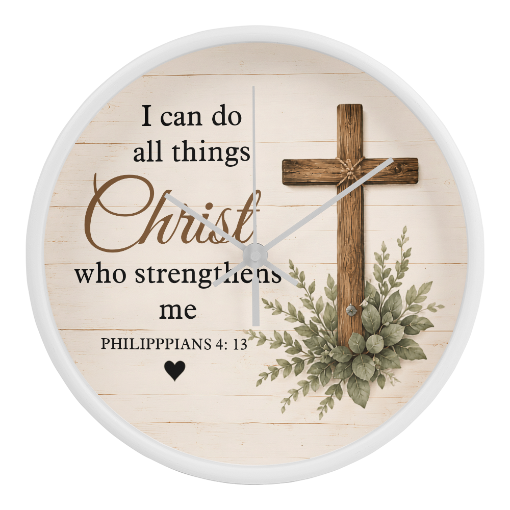 Philippians 4:13 Christian Wall Clock – I Can Do All Things Through Christ Rustic Cross Faith Decor
