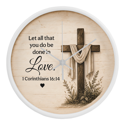 1 Corinthians 16:14 Christian Wall Clock – Let All That You Do Be Done in Love | Cross Bible Verse Wall Clock | Inspirational Faith Home Decor