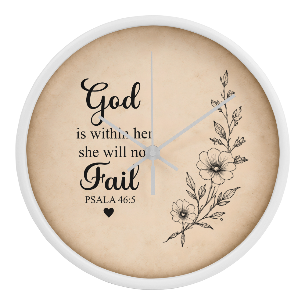 Psalm 46:5 Christian Wall Clock – God Is Within Her She Will Not Fail | Inspirational Bible Verse Wall Clock | Christian Home Decor for Women