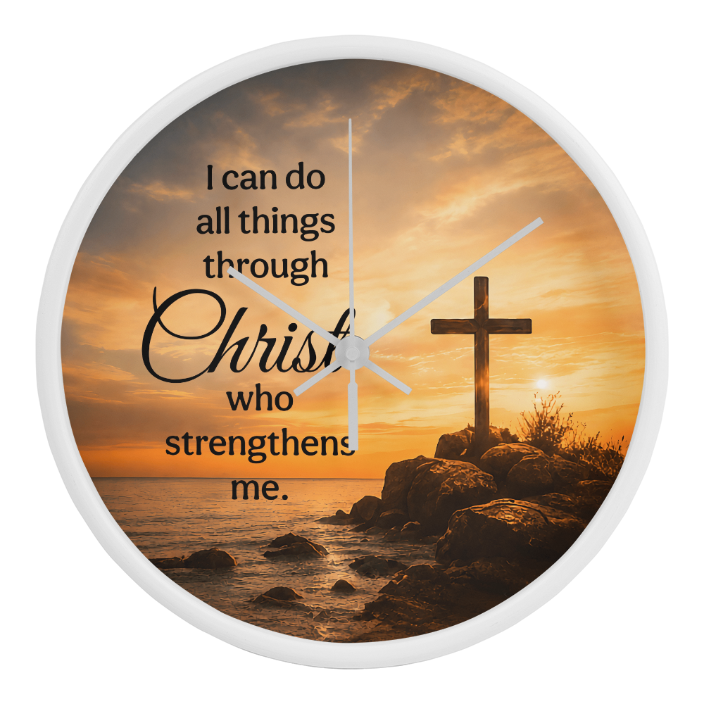 Philippians 4:13 Christian Wall Clock – I Can Do All Things Through Christ | Cross Sunset Bible Verse Wall Clock | Inspirational Faith Home Decor