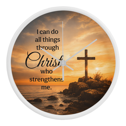 Philippians 4:13 Christian Wall Clock – I Can Do All Things Through Christ | Cross Sunset Bible Verse Wall Clock | Inspirational Faith Home Decor