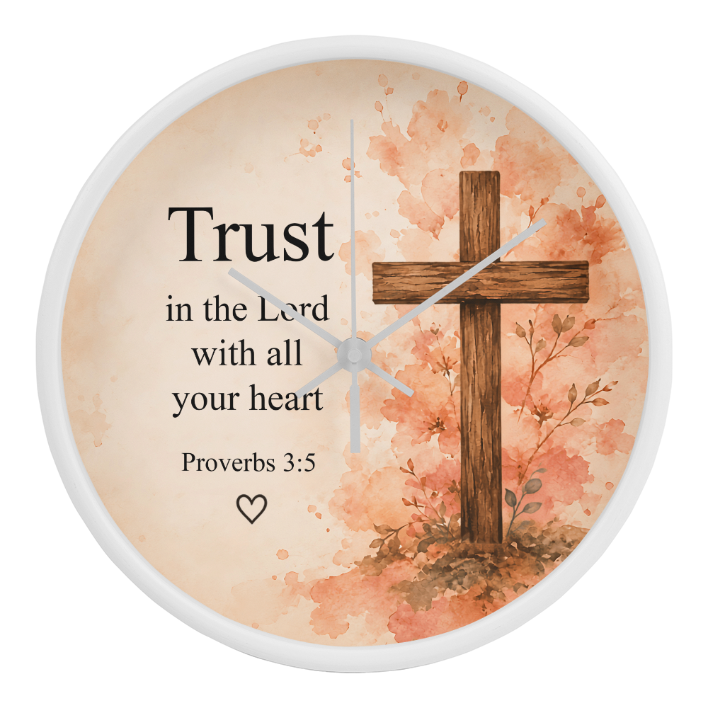 Proverbs 3:5 Christian Wall Clock – Trust in the Lord with All Your Heart | Floral Cross Bible Verse Wall Clock | Inspirational Faith Home Decor