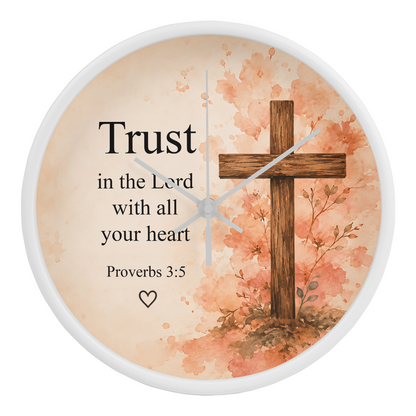 Proverbs 3:5 Christian Wall Clock – Trust in the Lord with All Your Heart | Floral Cross Bible Verse Wall Clock | Inspirational Faith Home Decor
