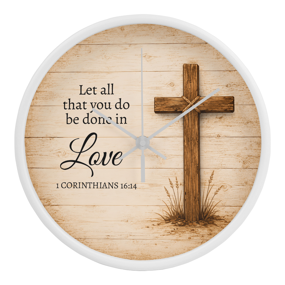 1 Corinthians 16:14 Christian Wall Clock – Let All That You Do Be Done in Love | Rustic Cross Bible Verse Wall Clock | Faith Home Decor