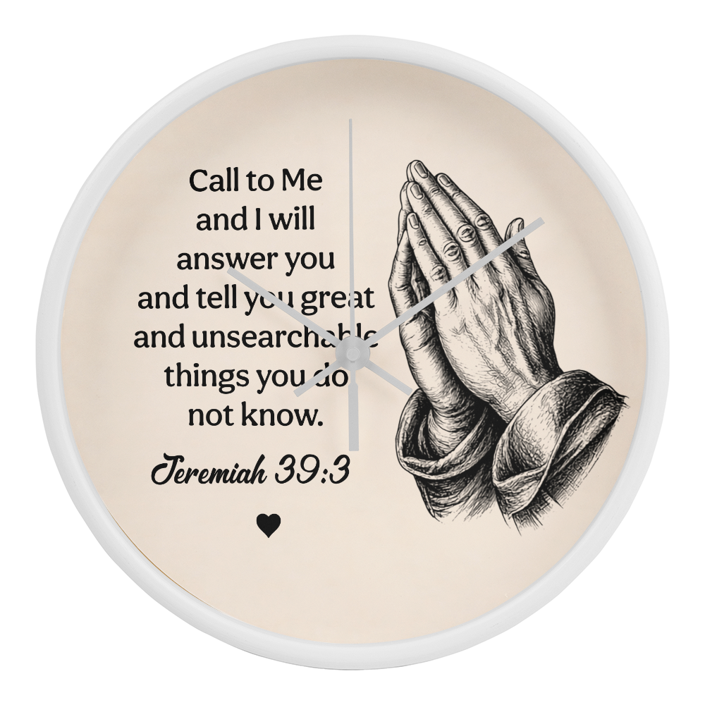 Jeremiah 33:3 Christian Wall Clock – Call to Me and I Will Answer You | Prayer Hands Bible Verse Wall Clock | Inspirational Christian Home Decor