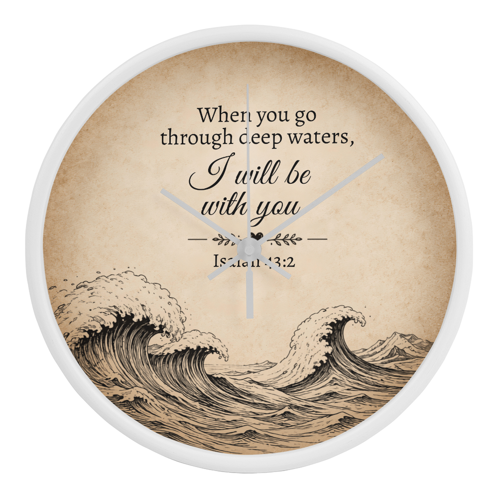 Isaiah 43:2 Christian Wall Clock – When You Go Through Deep Waters I Will Be With You | Inspirational Bible Verse Wall Clock | Faith Home Decor