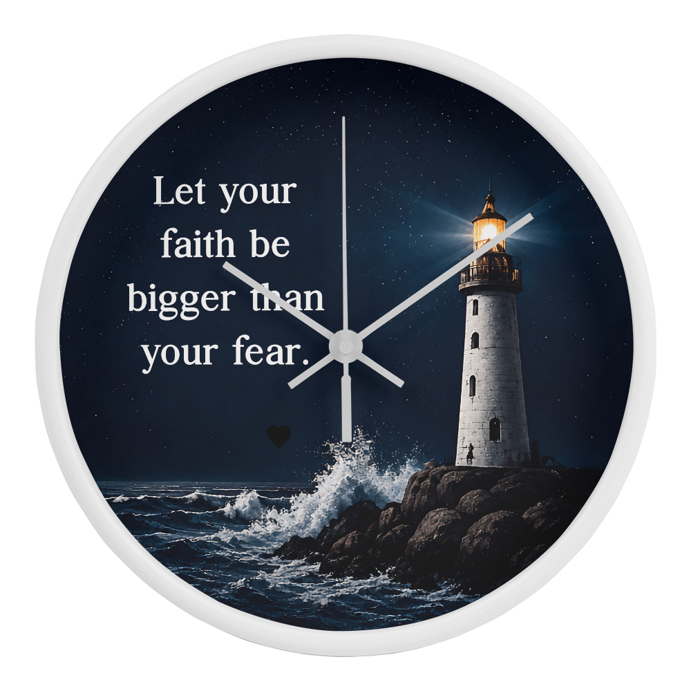 Let Your Faith Be Bigger Than Your Fear Wall Clock – Inspirational Christian Lighthouse Wall Clock | Faith-Based Home Decor
