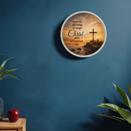 Philippians 4:13 Christian Wall Clock – I Can Do All Things Through Christ | Cross Sunset Bible Verse Wall Clock | Inspirational Faith Home Decor