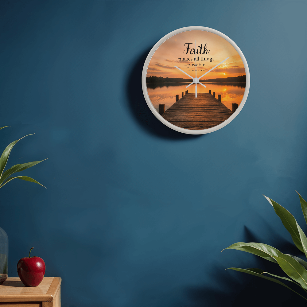 Faith Makes All Things Possible Wall Clock – Matthew 19:26 Christian Wall Clock | Inspirational Lake Sunset Faith Home Decor