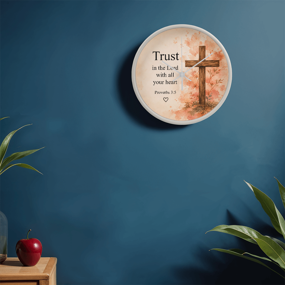 Proverbs 3:5 Christian Wall Clock – Trust in the Lord with All Your Heart | Floral Cross Bible Verse Wall Clock | Inspirational Faith Home Decor