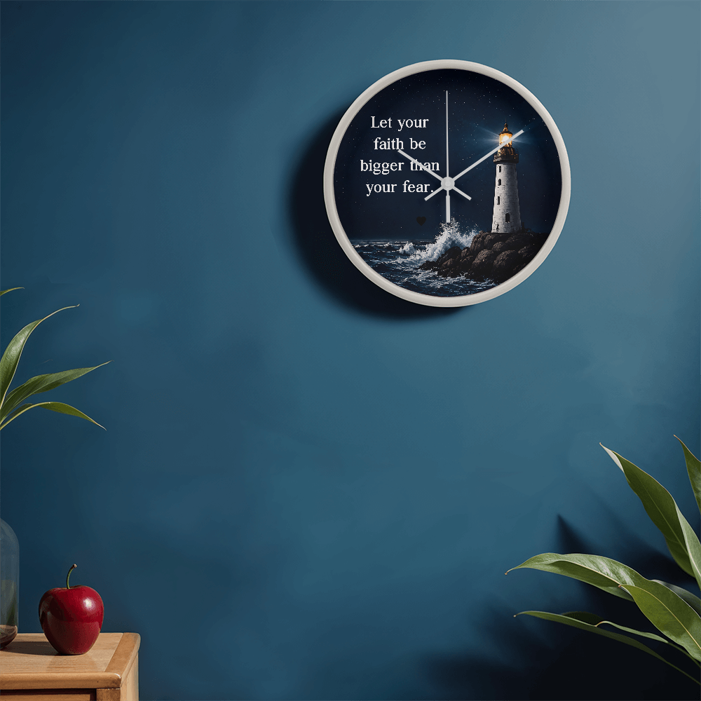 Let Your Faith Be Bigger Than Your Fear Wall Clock – Inspirational Christian Lighthouse Wall Clock | Faith-Based Home Decor