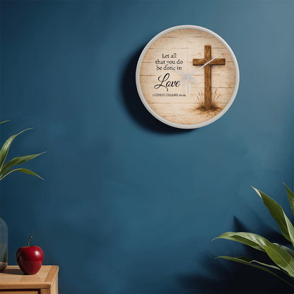 1 Corinthians 16:14 Christian Wall Clock – Let All That You Do Be Done in Love | Rustic Cross Bible Verse Wall Clock | Faith Home Decor