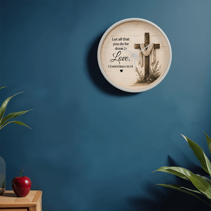 1 Corinthians 16:14 Christian Wall Clock – Let All That You Do Be Done in Love | Cross Bible Verse Wall Clock | Inspirational Faith Home Decor