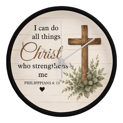 Philippians 4:13 Christian Wall Clock – I Can Do All Things Through Christ Rustic Cross Faith Decor
