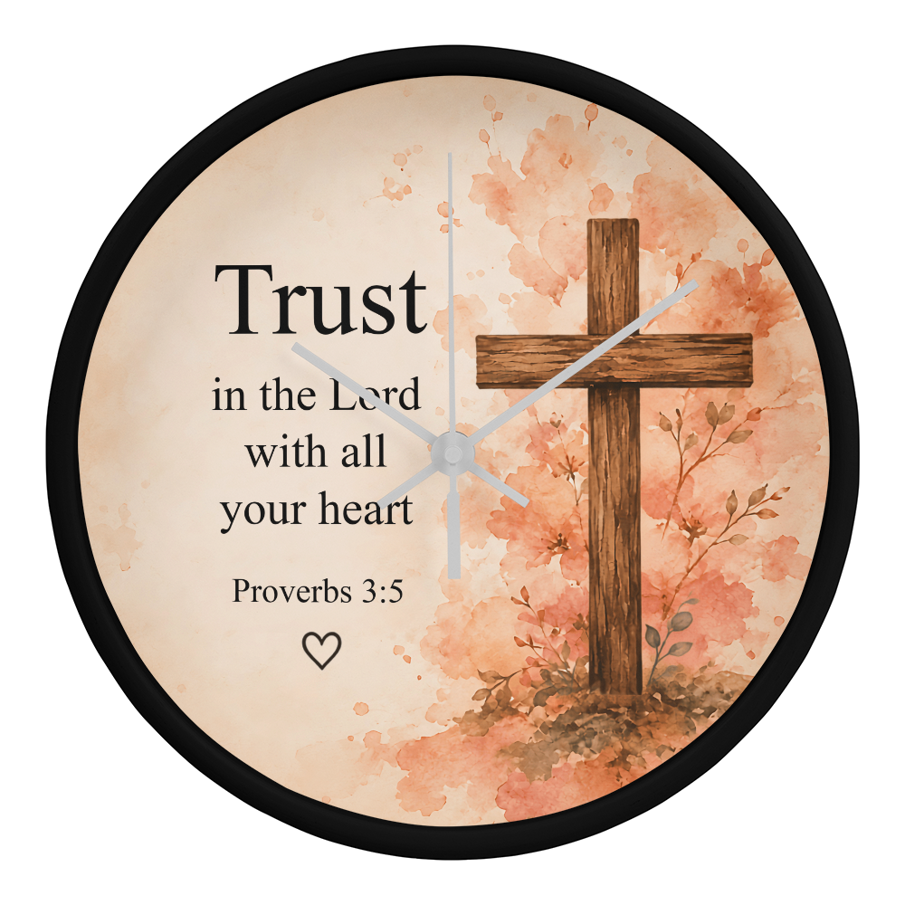 Proverbs 3:5 Christian Wall Clock – Trust in the Lord with All Your Heart | Floral Cross Bible Verse Wall Clock | Inspirational Faith Home Decor
