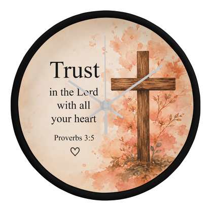 Proverbs 3:5 Christian Wall Clock – Trust in the Lord with All Your Heart | Floral Cross Bible Verse Wall Clock | Inspirational Faith Home Decor