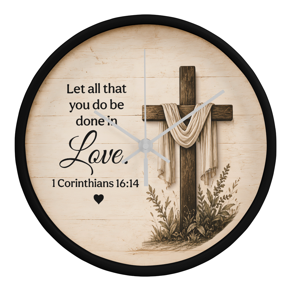 1 Corinthians 16:14 Christian Wall Clock – Let All That You Do Be Done in Love | Cross Bible Verse Wall Clock | Inspirational Faith Home Decor
