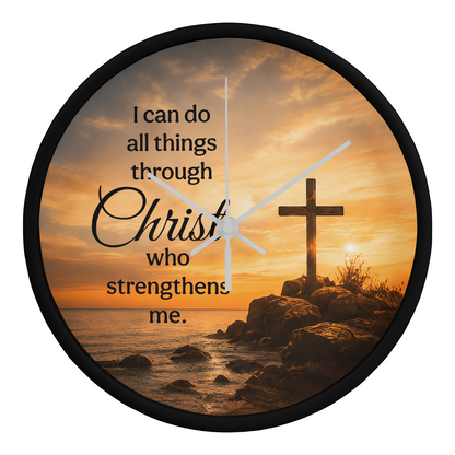 Philippians 4:13 Christian Wall Clock – I Can Do All Things Through Christ | Cross Sunset Bible Verse Wall Clock | Inspirational Faith Home Decor