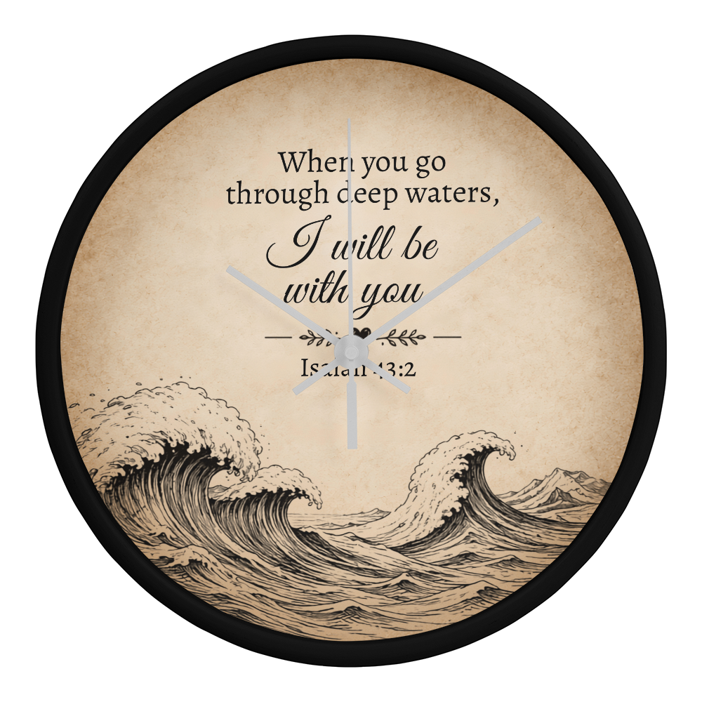 Isaiah 43:2 Christian Wall Clock – When You Go Through Deep Waters I Will Be With You | Inspirational Bible Verse Wall Clock | Faith Home Decor