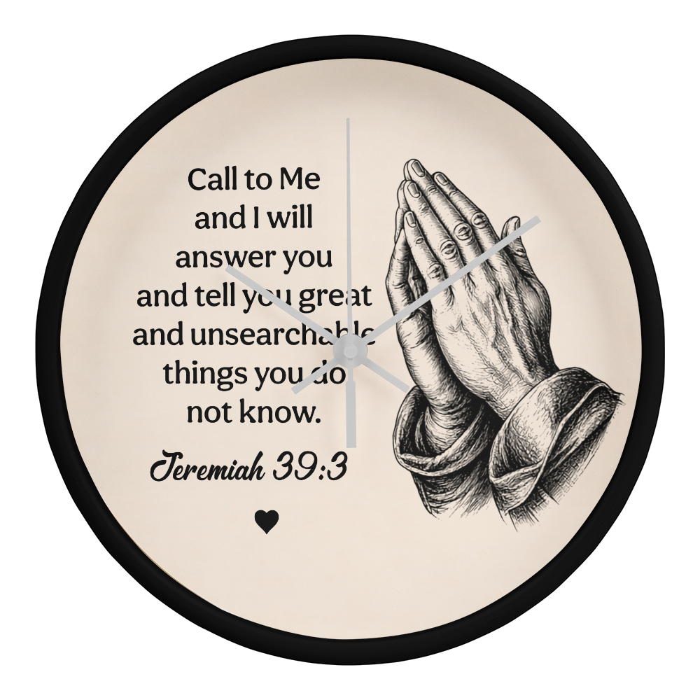 Jeremiah 33:3 Christian Wall Clock – Call to Me and I Will Answer You | Prayer Hands Bible Verse Wall Clock | Inspirational Christian Home Decor