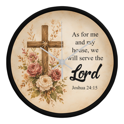 Joshua 24:15 Christian Wall Clock – As for Me and My House We Will Serve the Lord | Rustic Cross Bible Verse Wall Clock | Faith Home Decor
