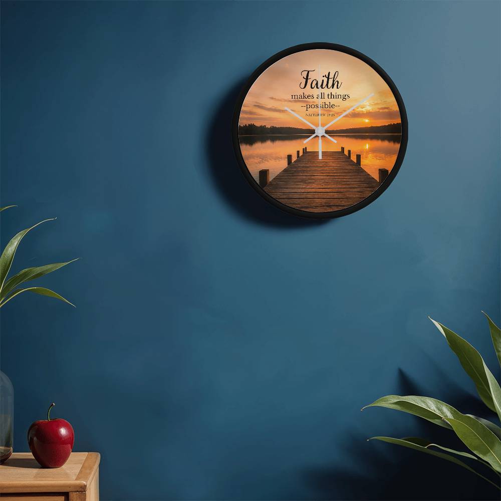 Faith Makes All Things Possible Wall Clock – Matthew 19:26 Christian Wall Clock | Inspirational Lake Sunset Faith Home Decor