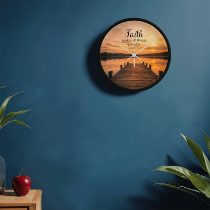 Faith Makes All Things Possible Wall Clock – Matthew 19:26 Christian Wall Clock | Inspirational Lake Sunset Faith Home Decor