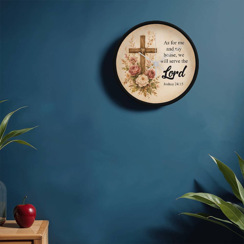 Joshua 24:15 Christian Wall Clock – As for Me and My House We Will Serve the Lord | Rustic Cross Bible Verse Wall Clock | Faith Home Decor