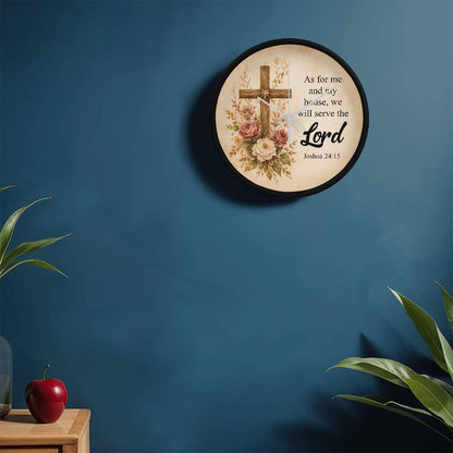 Joshua 24:15 Christian Wall Clock – As for Me and My House We Will Serve the Lord | Rustic Cross Bible Verse Wall Clock | Faith Home Decor