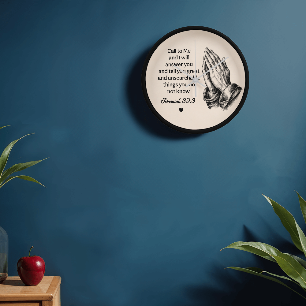 Jeremiah 33:3 Christian Wall Clock – Call to Me and I Will Answer You | Prayer Hands Bible Verse Wall Clock | Inspirational Christian Home Decor