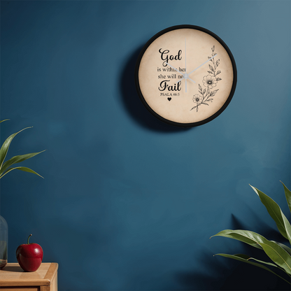 Psalm 46:5 Christian Wall Clock – God Is Within Her She Will Not Fail | Inspirational Bible Verse Wall Clock | Christian Home Decor for Women